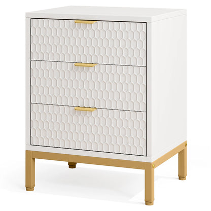 White dresser with gold accents on a white background