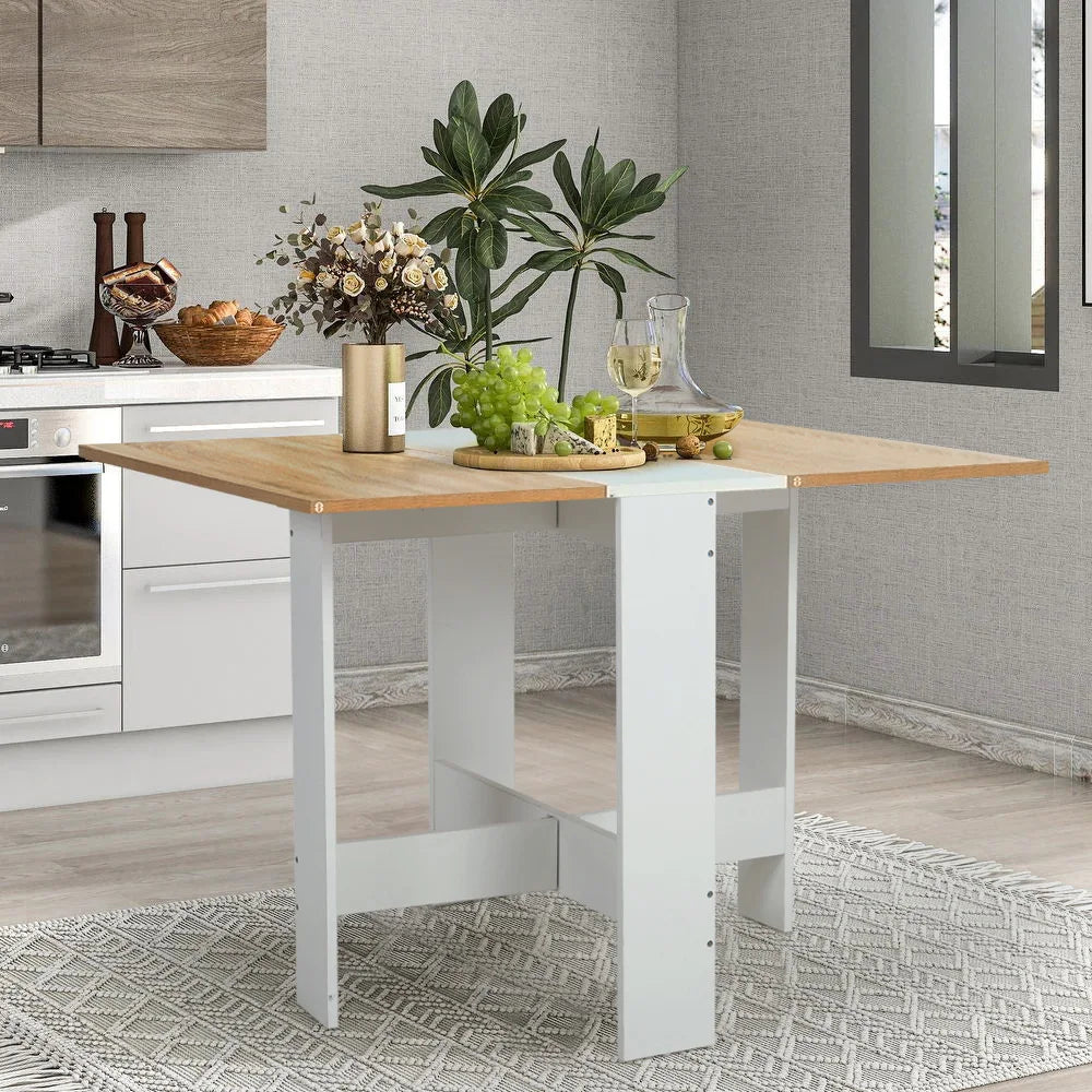 Wooden extending dining table with white base in a kitchen setting