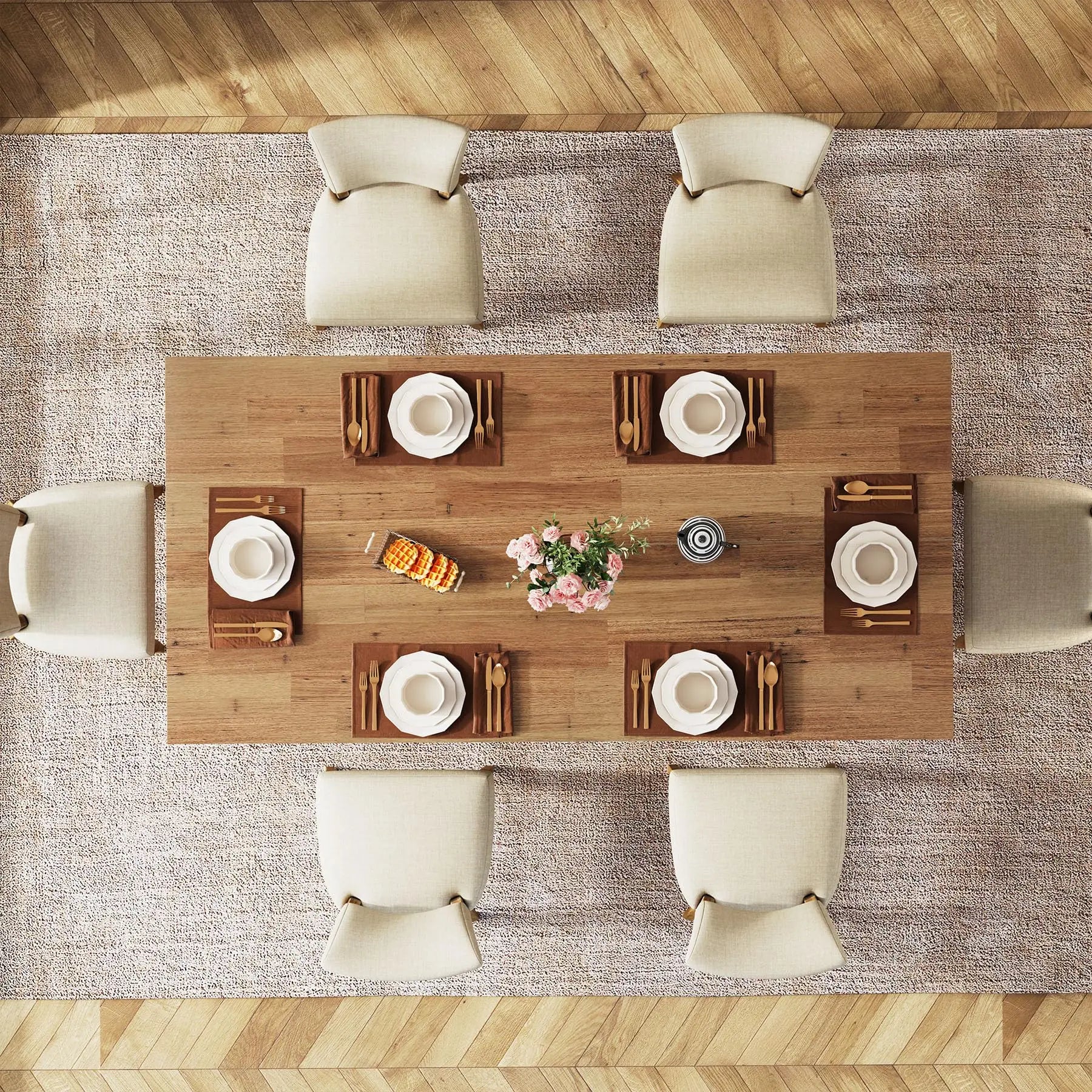 Farmena Dining table set with plates, cutlery, and a vase of flowers, surrounded by chairs on a wooden floor.