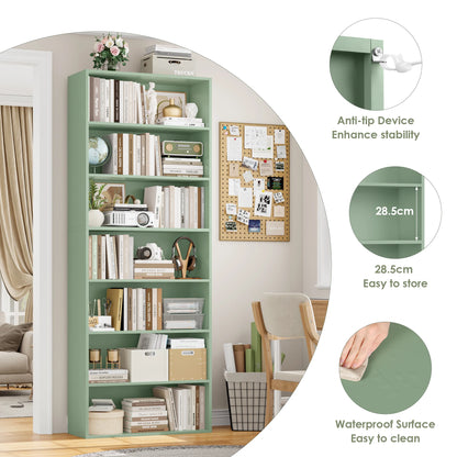 Green bookshelf with books and decor items in a room setting, featuring anti-tip device and stability enhancement details.