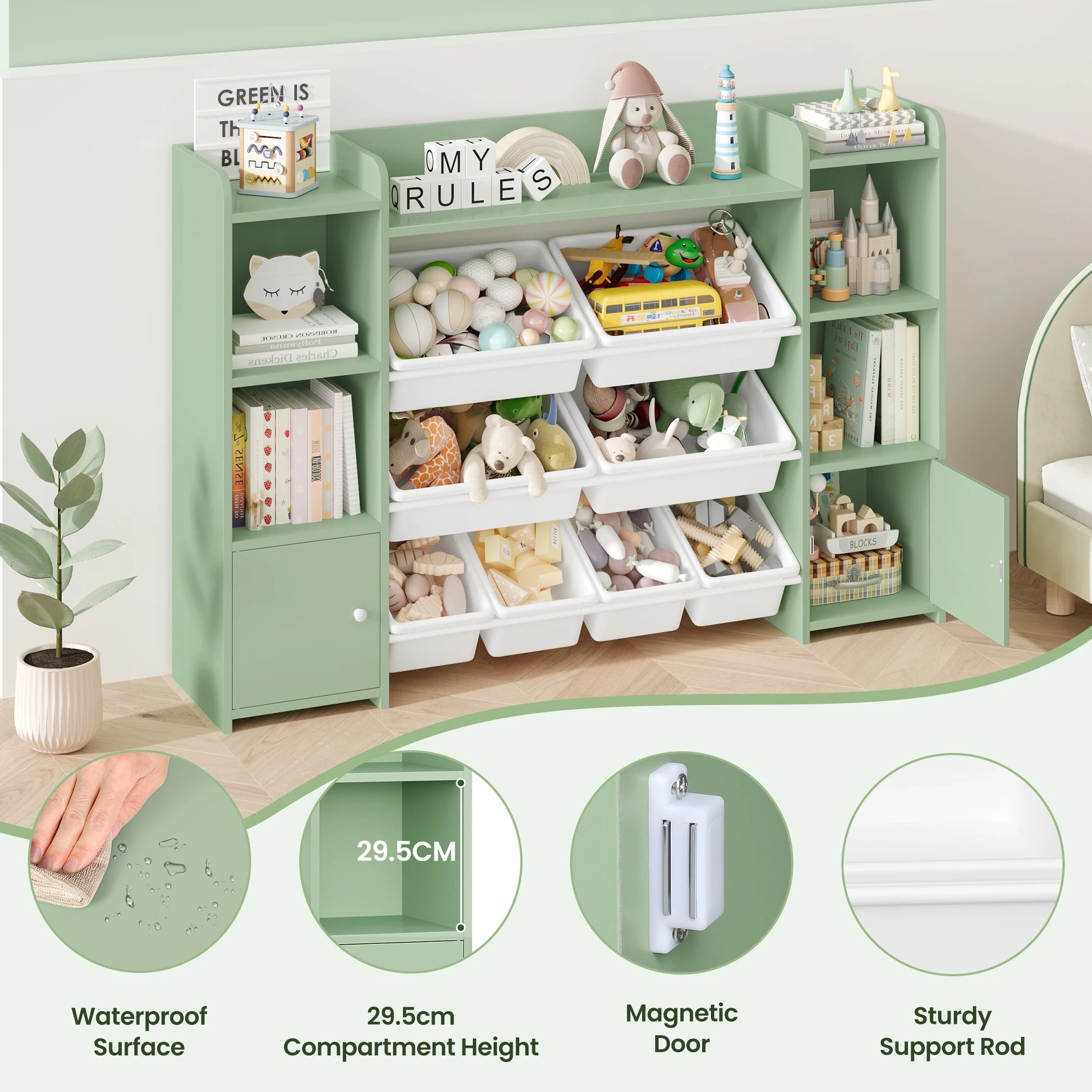 Children's toy storage shelf with various toys and books, featuring green shelves and white drawers.