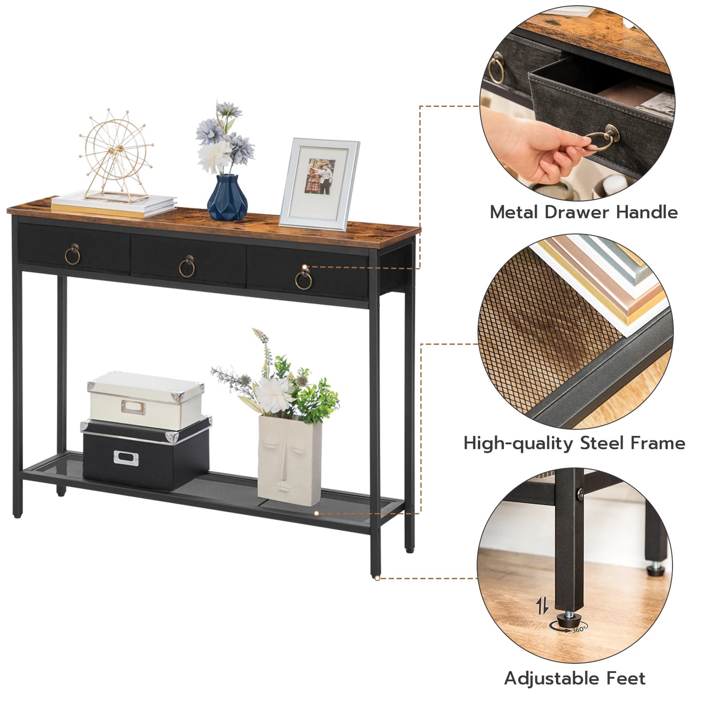 Console table with wooden top and black metal frame, featuring metal drawer handle, high-quality steel frame, adjustable feet, and decorative items.