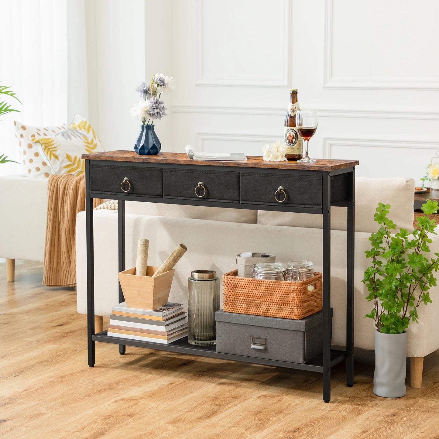 Hoobro Console table with decorative items in a living room setting