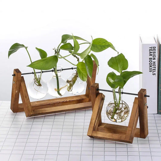 Hydroponic Vintage Mini Bulb-Shaped Glass Vase with Wooden Stand