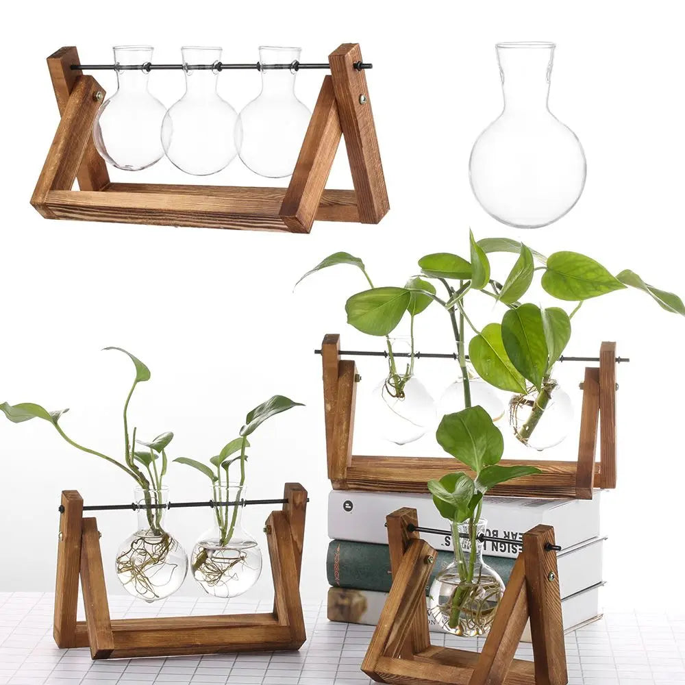 Hydroponic Vintage Mini  Bulb-Shaped Vase wood stand