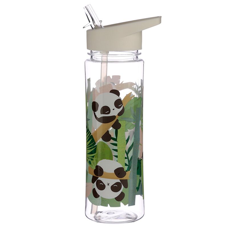 Clear water bottle with panda design and straw on a white background