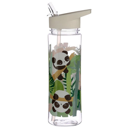 Clear water bottle with panda design and straw on a white background
