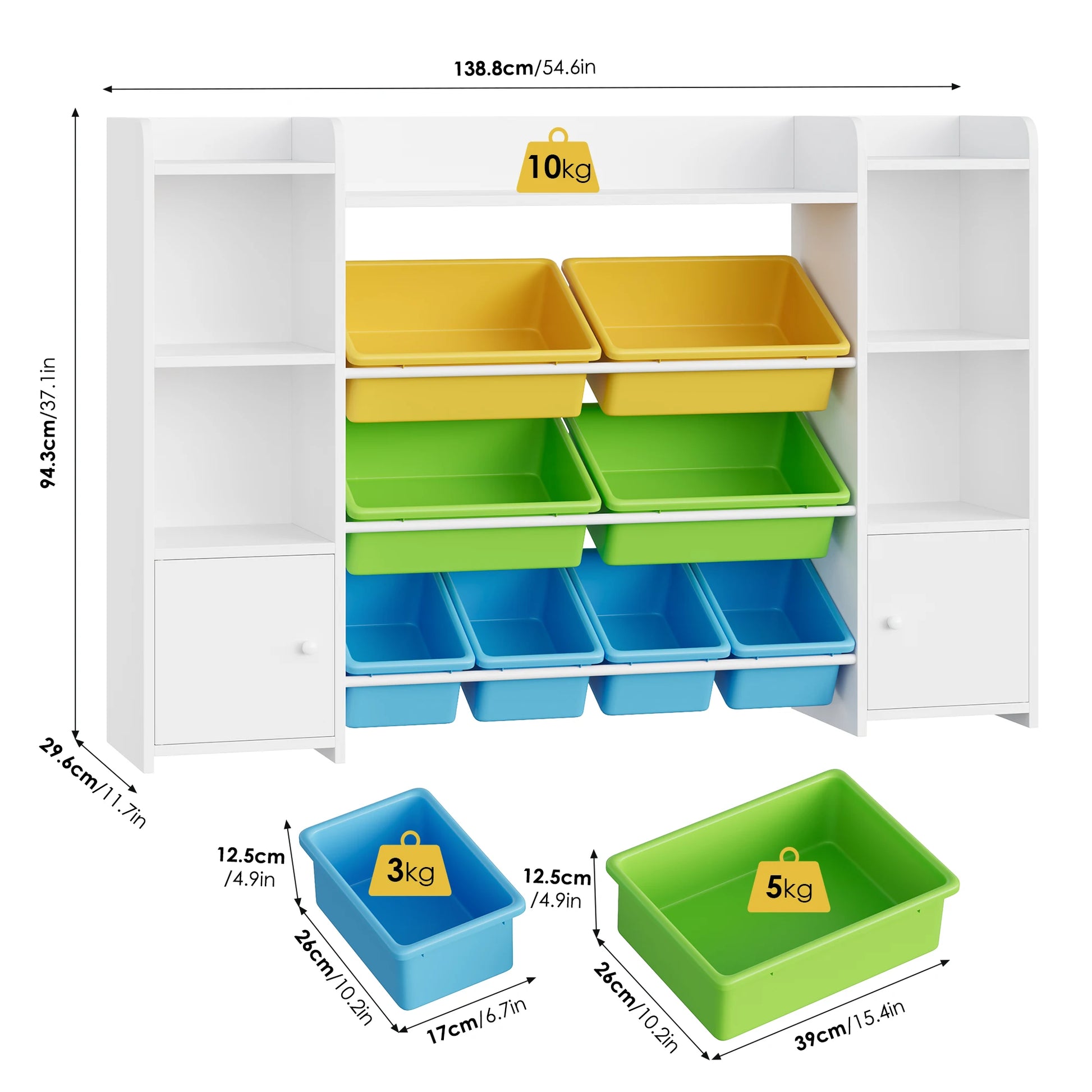 White storage unit with colorful bins and measurements on a white background
