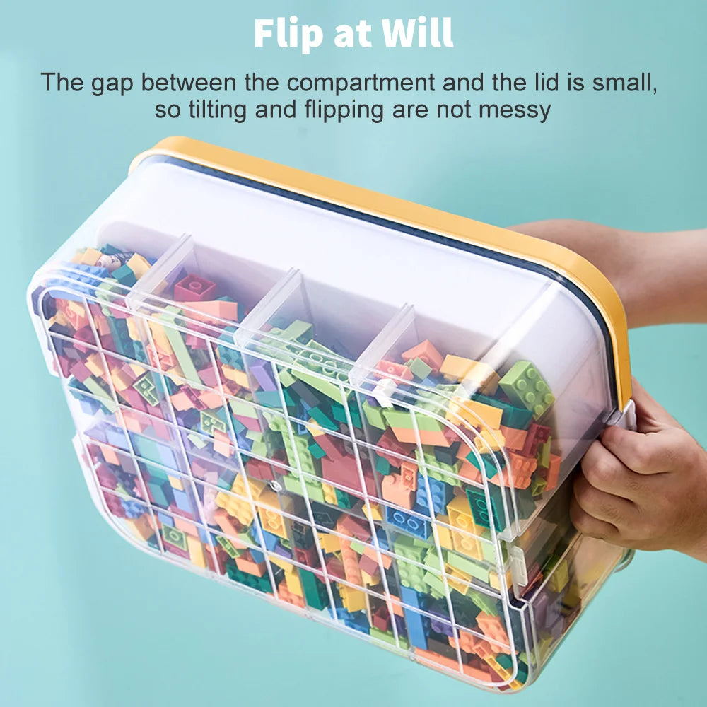 Toy storage container with colorful blocks and a hand holding it, on a light blue background.