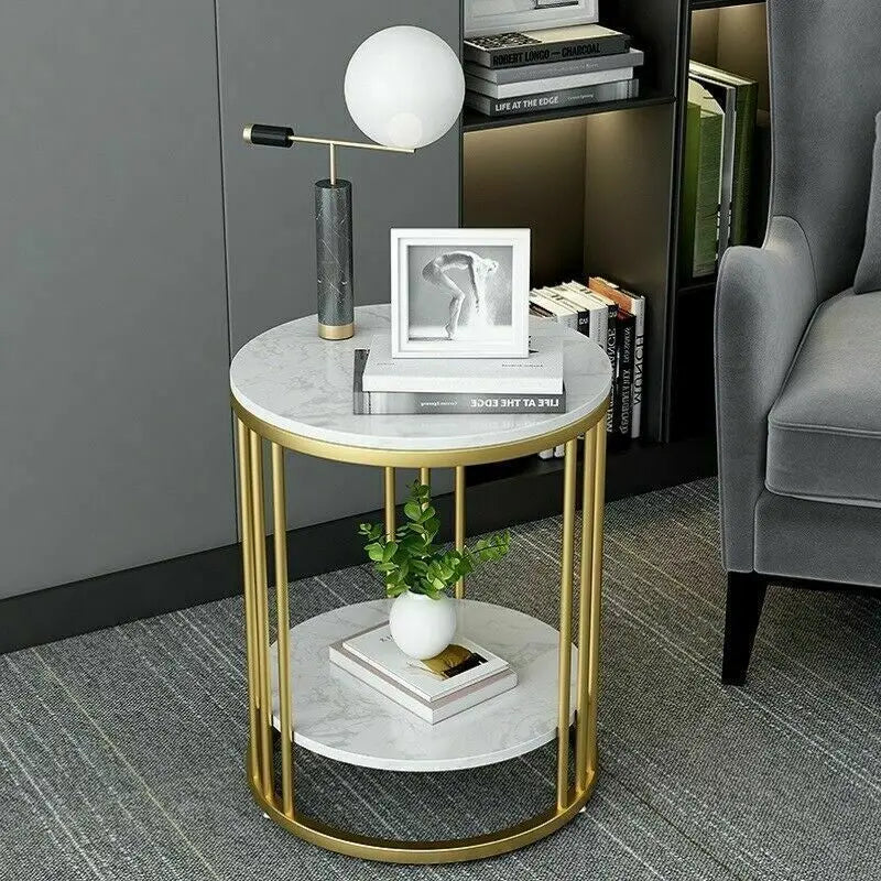 Living room side table white marble effect with gold frame