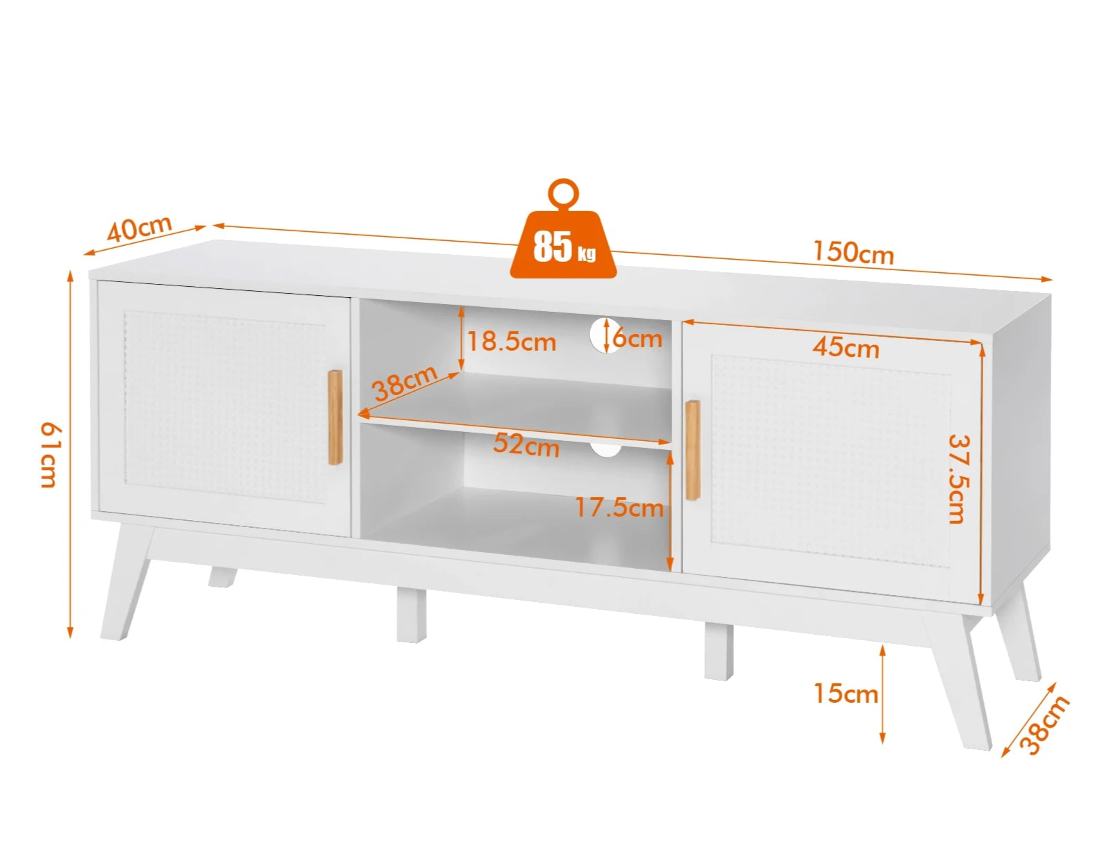White TV stand with dimensions labeled on a white background