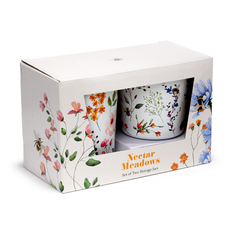 two storage jars with floral patterns, one small and one medium, both with bamboo lids. Perfect for gifting as come in a dloral nector meadows gift box