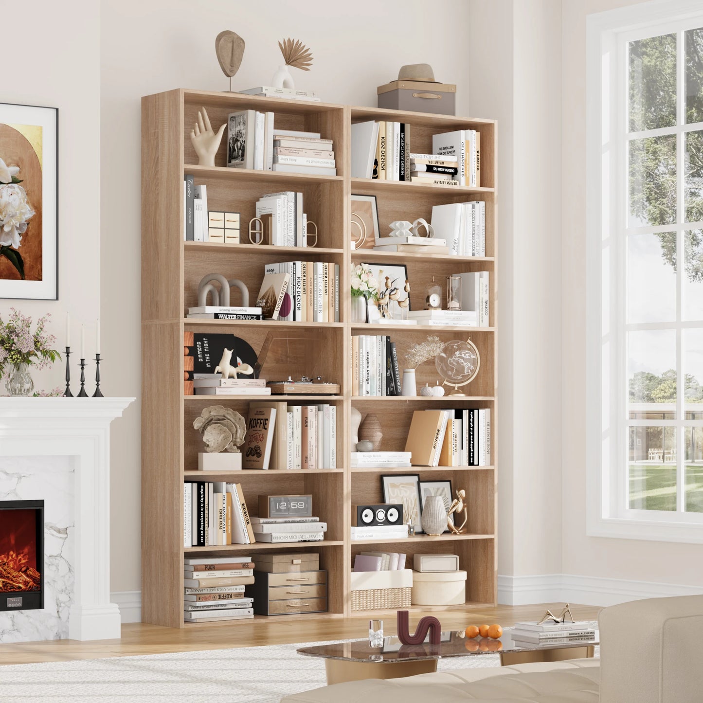 Wooden bookshelf filled with books and decor in a living room setting.