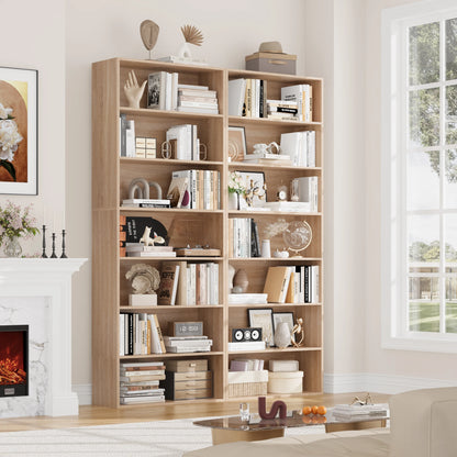 Wooden bookshelf filled with books and decor in a living room setting.