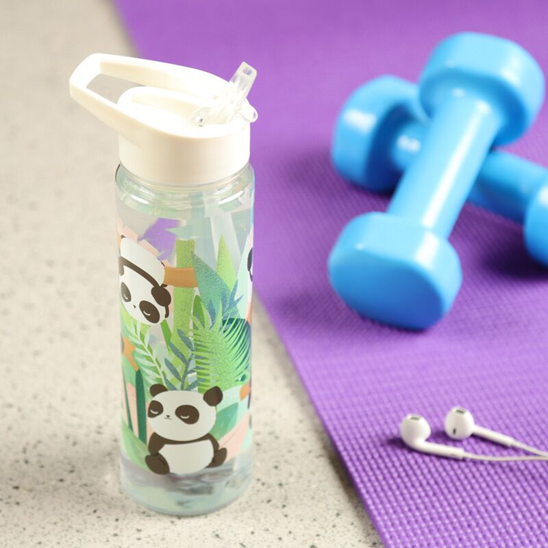 Clear water bottle with panda design. Perfect for school
