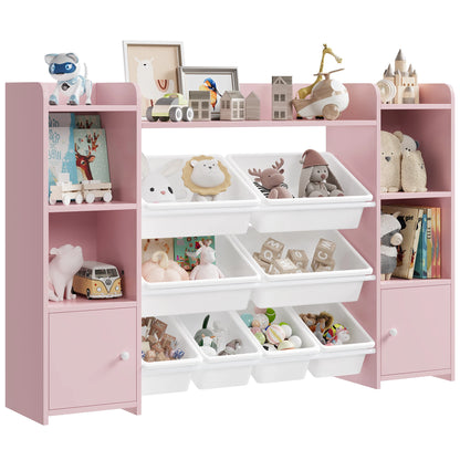 Pink children's storage unit with white bins filled with toys and decorative items on a white background