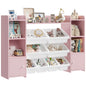 Pink children's storage unit with white bins filled with toys and decorative items on a white background