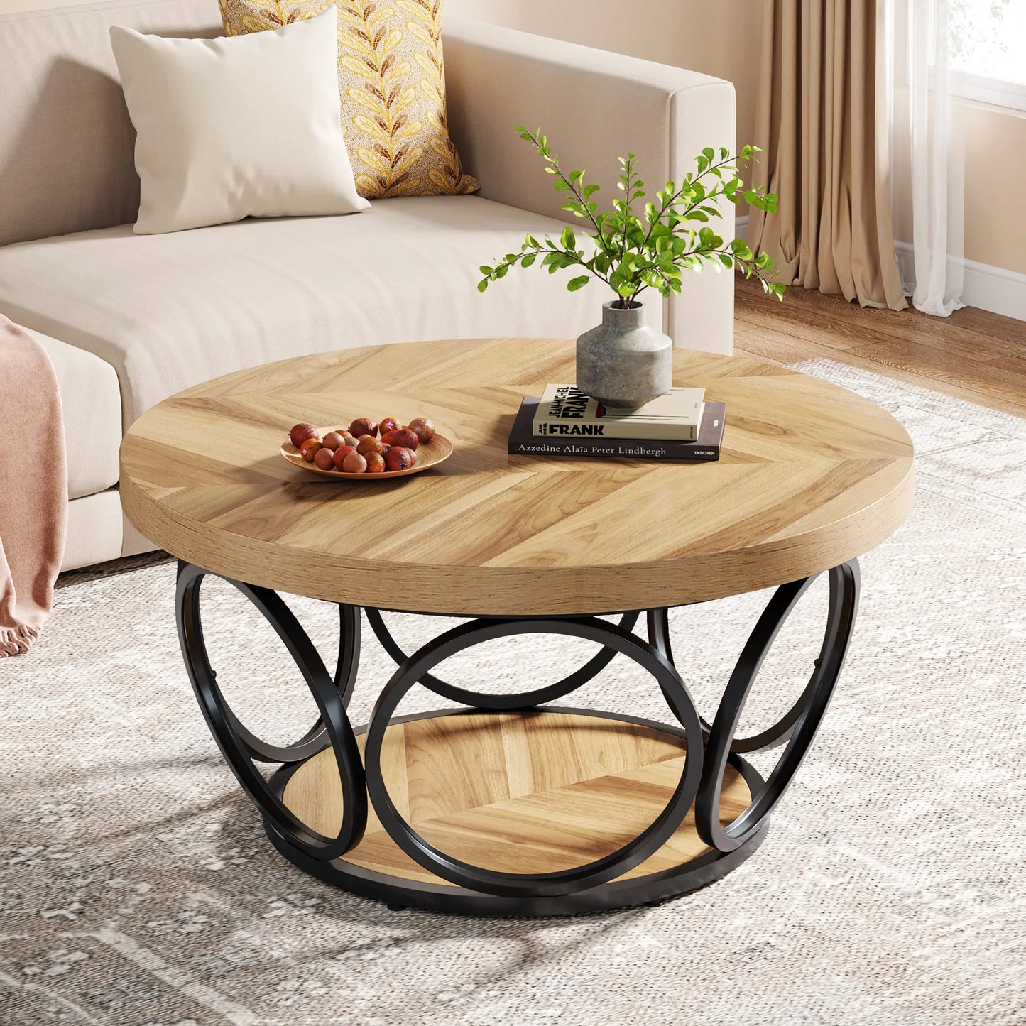 RiotaRound wooden coffee table with metal base in a living room setting