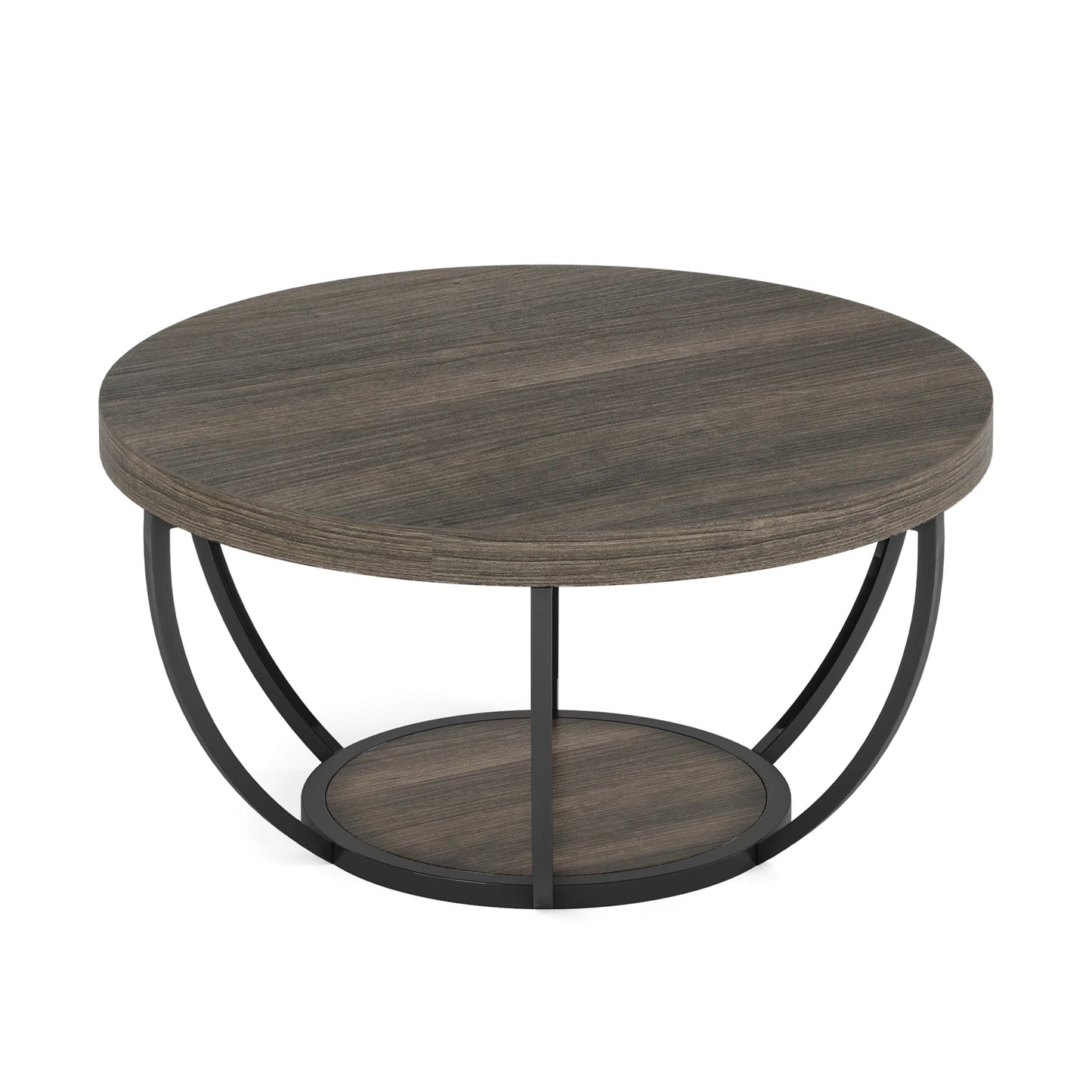 Round wooden grey and black coffee table with metal base on a white background