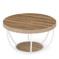 Riota Round wooden coffee table with white metal base on a white background