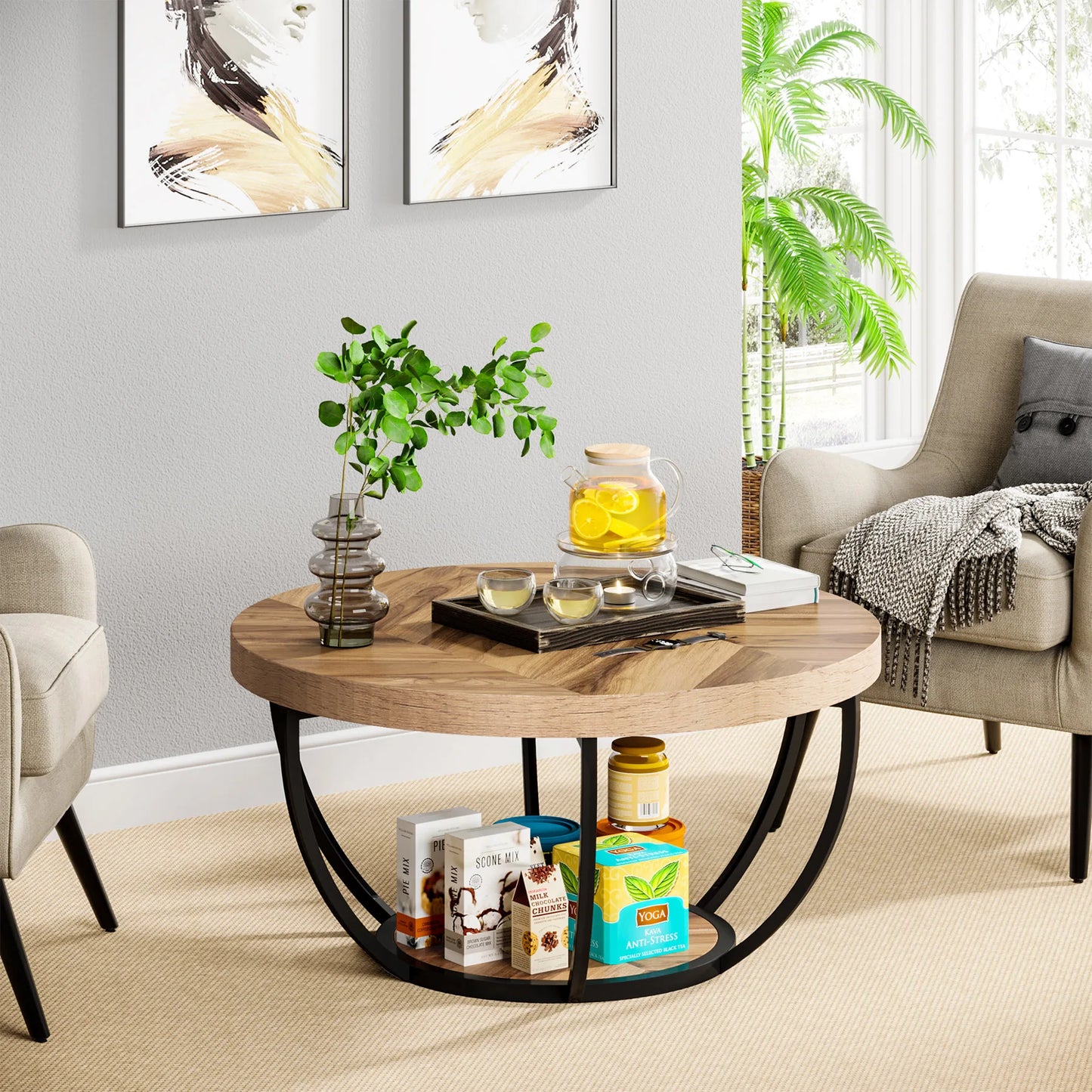 Riota Rustic Round Wooden Coffee Table 