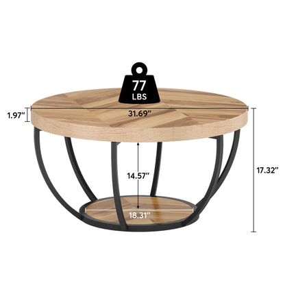 Riota Wooden coffee table with measurements and weight label on a white background