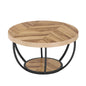 Round wooden coffee table with black metal base on a white background