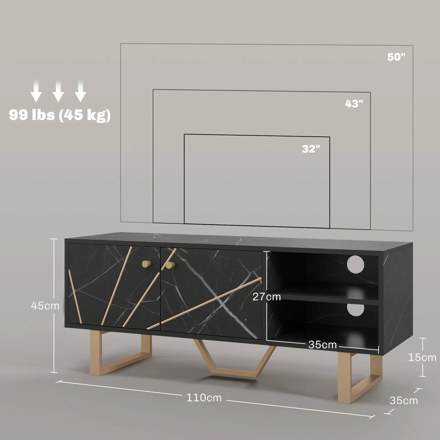 HOMCOM TV Unit for Living Room, TV Stand, Black Marble effect
