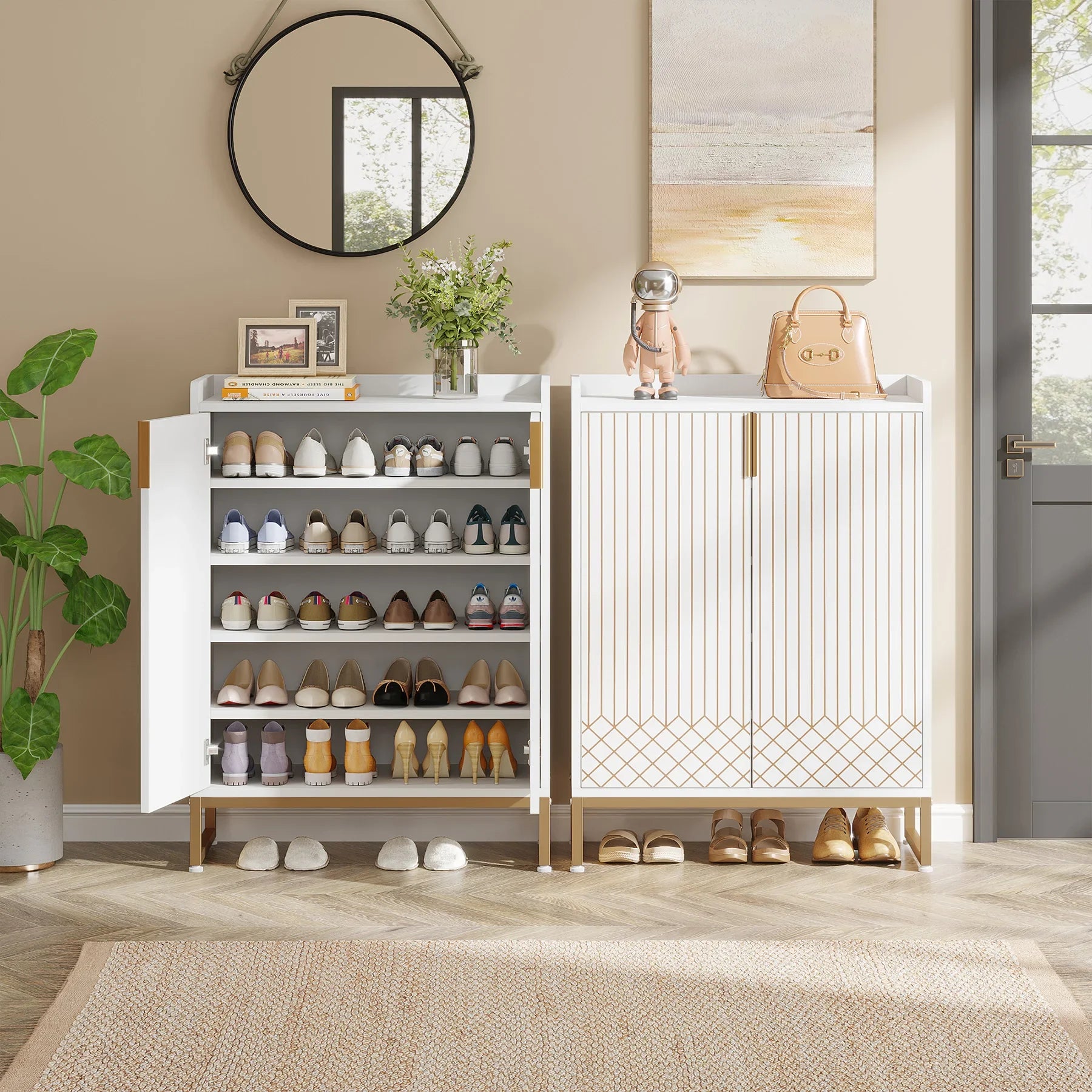 White shoe cabinet with open doors displaying shoes, placed in a room with decor elements.
