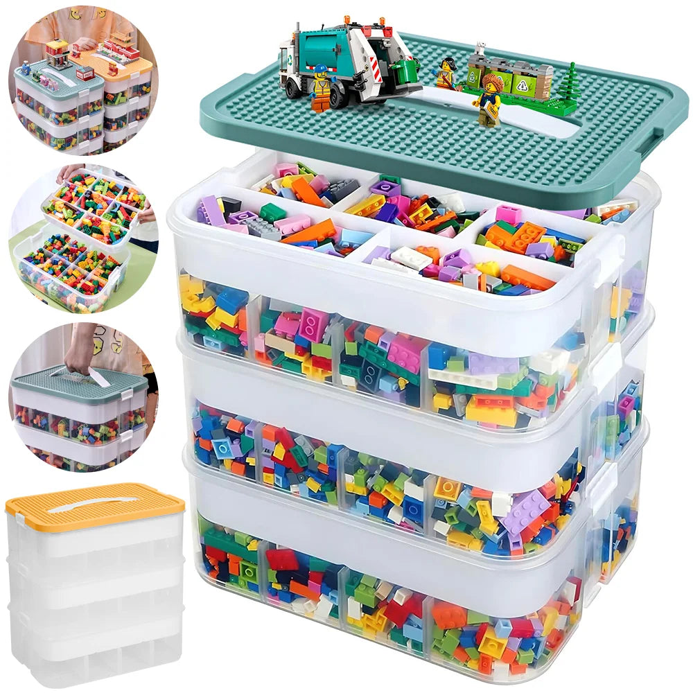 Stackable toy storage bins with colorful building blocks and a small model setup on top.