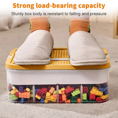 Person stepping on a transparent storage box with colorful blocks, emphasizing strong load-bearing capacity.