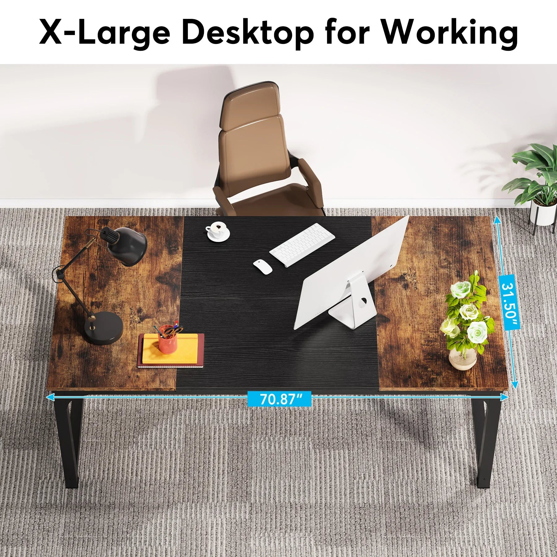 Large wooden desk with office items and dimensions labeled, featuring a chair and decor.