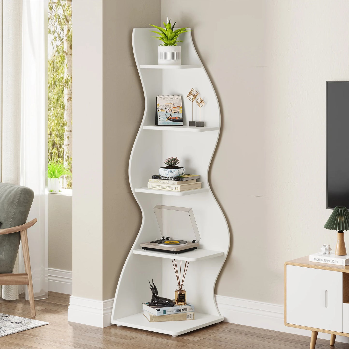White wavy shelf with decorative items in a room with a window and chair.