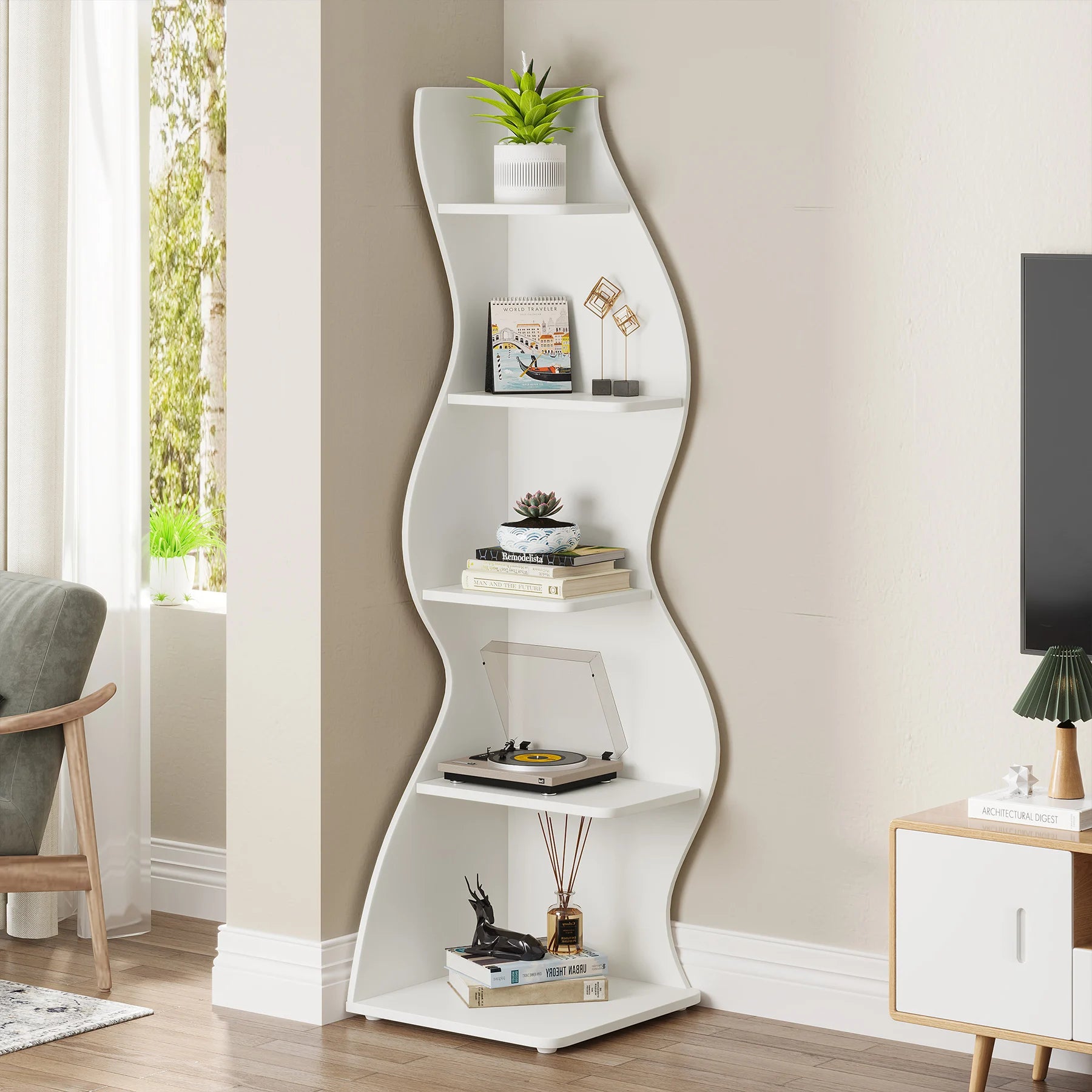 White wavy shelf with decorative items in a room with a window and chair.