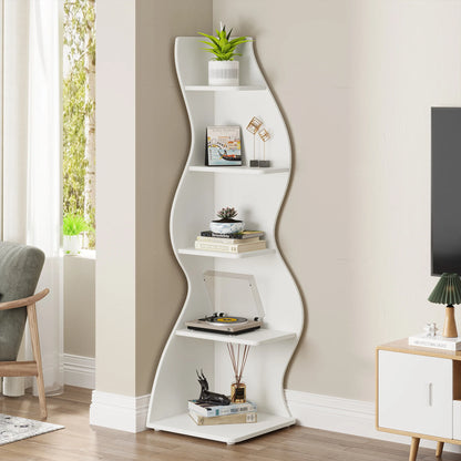 White wavy shelf with decorative items in a room with a window and chair.