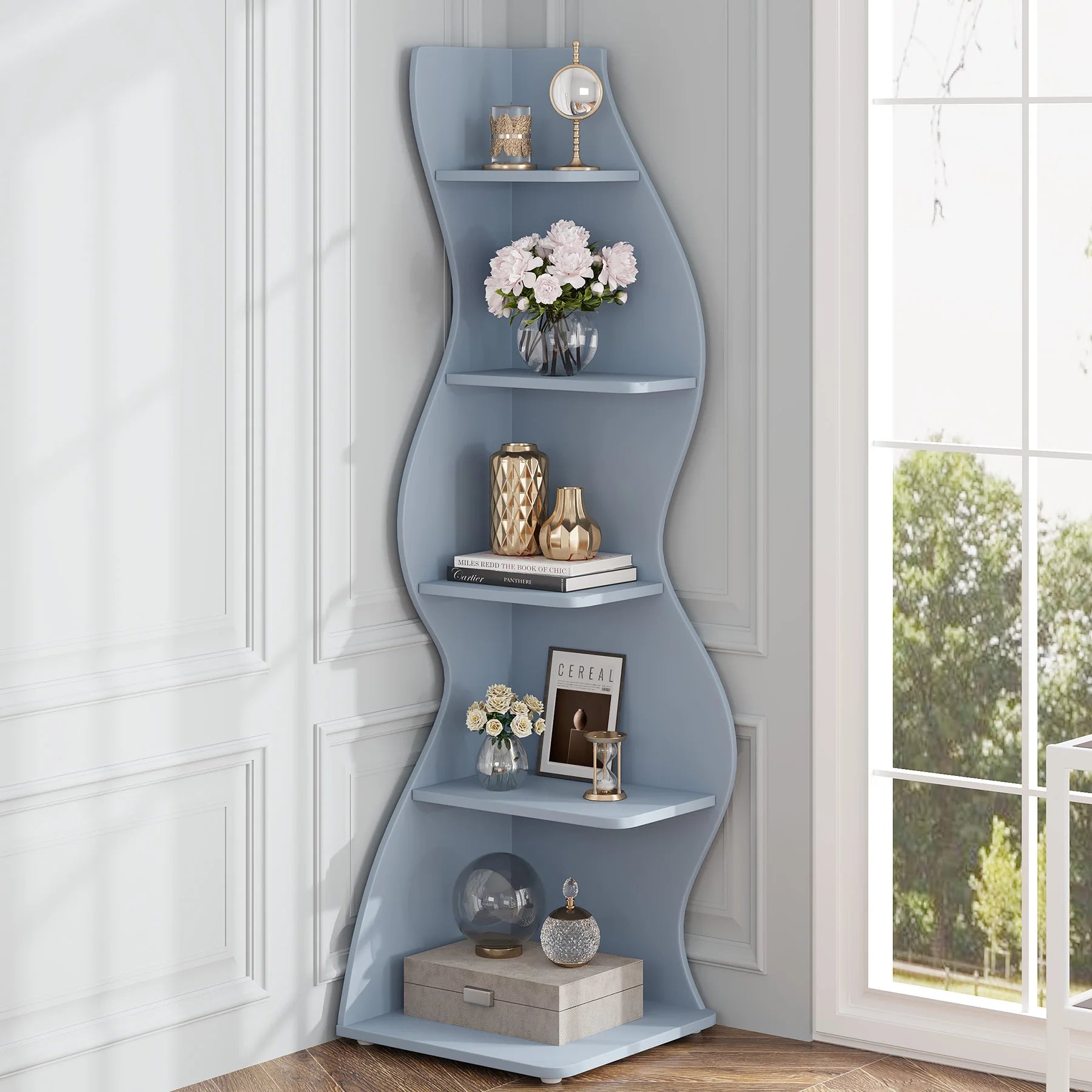 Tribesigns Corner Shelf Modern 5-Tier Wall Corner Bookshelf blue