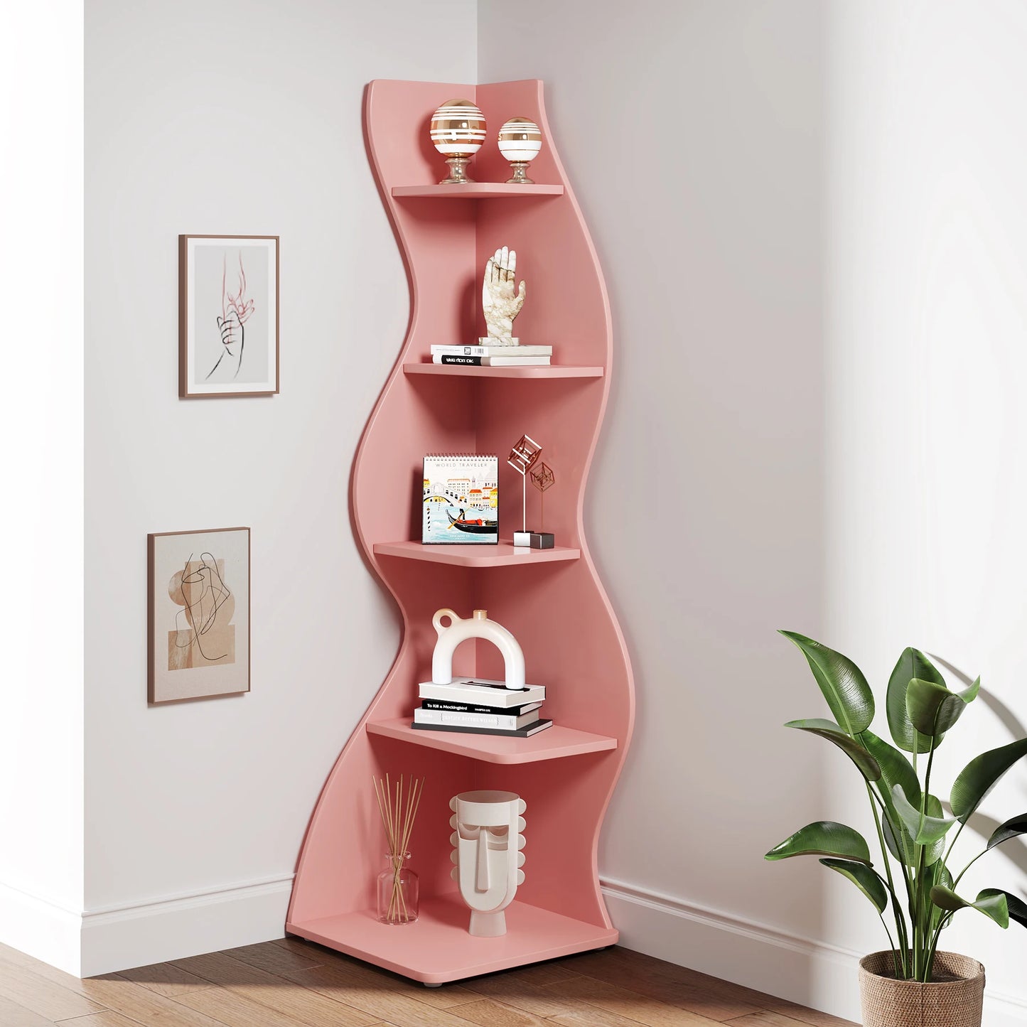 Tribesigns Corner Shelf Modern 5-Tier Wall Corner Bookshelf pink