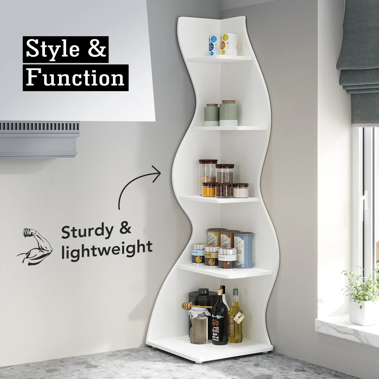 White wavy shelf with various items against a gray wall.