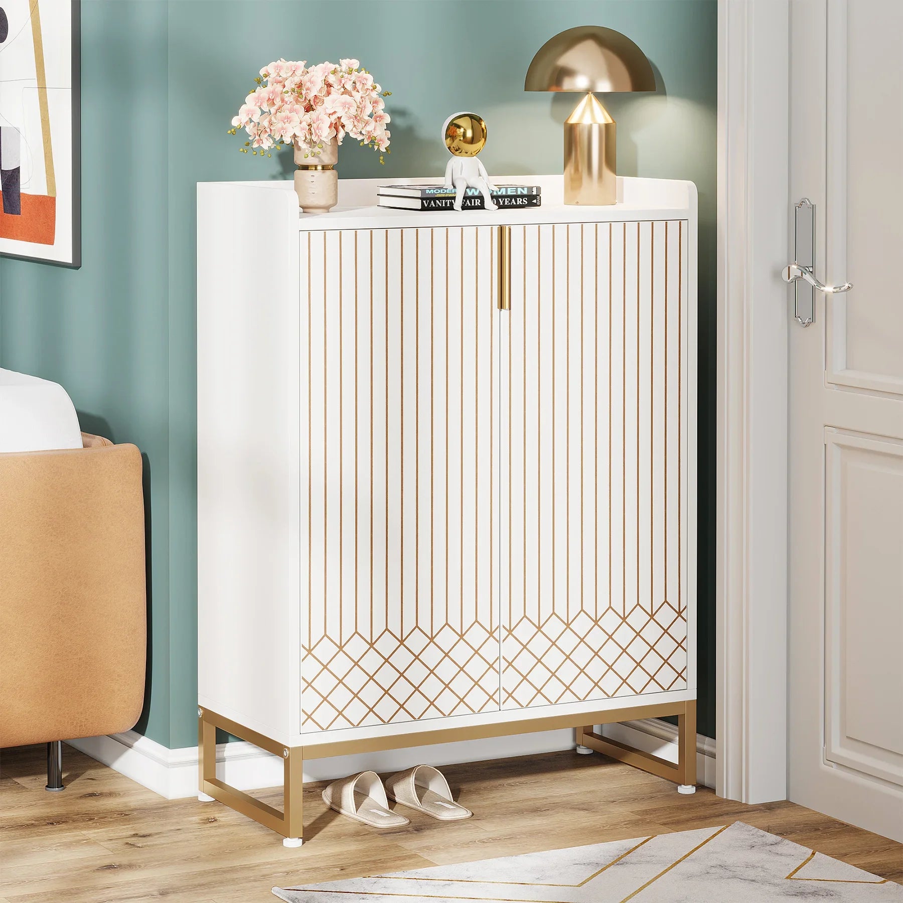 Tribesigns White cabinet with gold accents in a room with a couch and decor items.