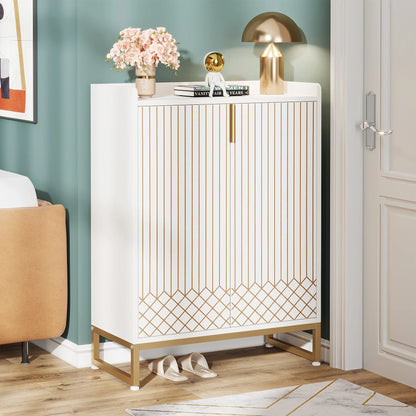 Tribesigns White cabinet with gold accents in a room with a couch and decor items.