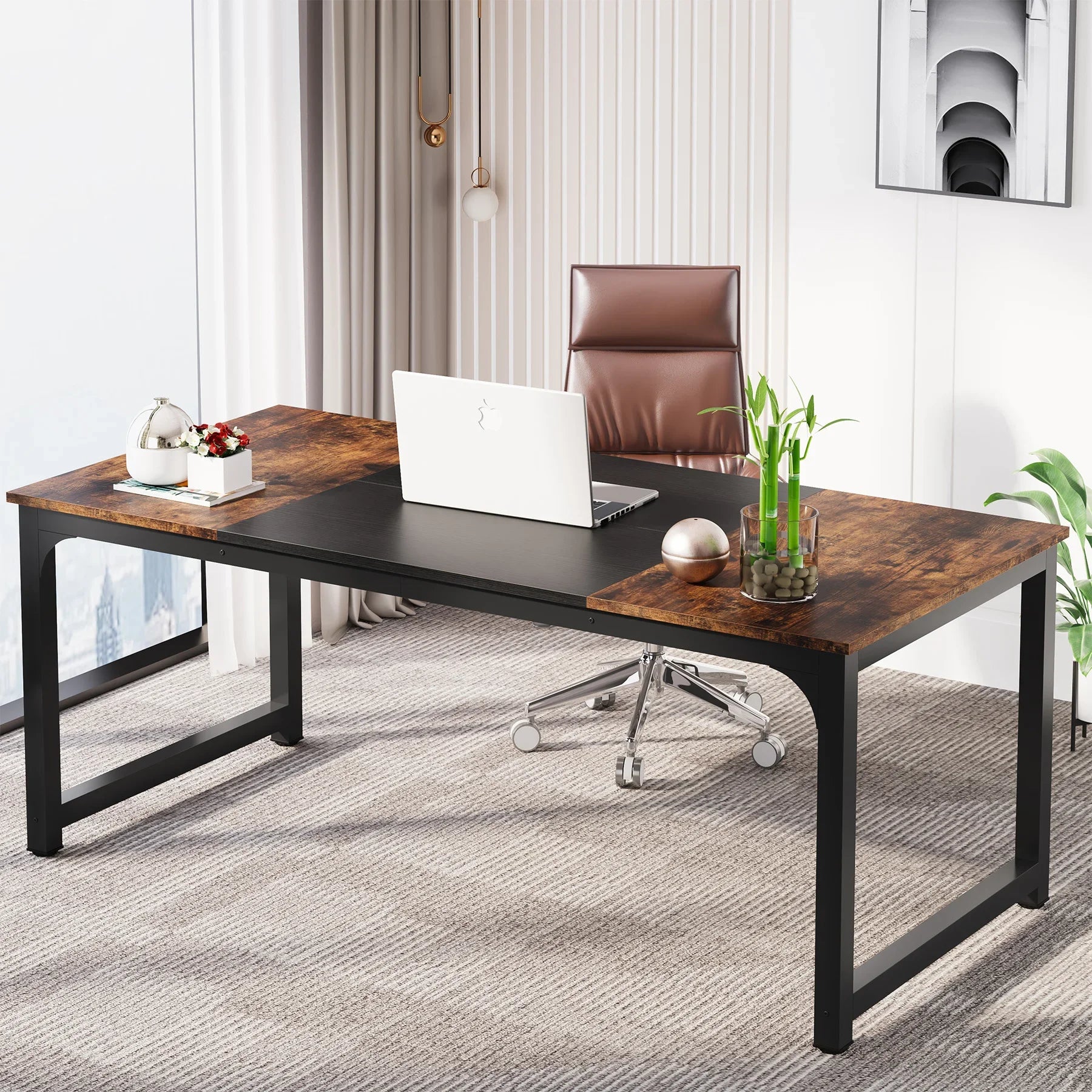 Tribe signs Modern office desk with a chair, laptop, and decor items in a room.