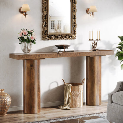 Wooden console table with decorative items in a living room setting