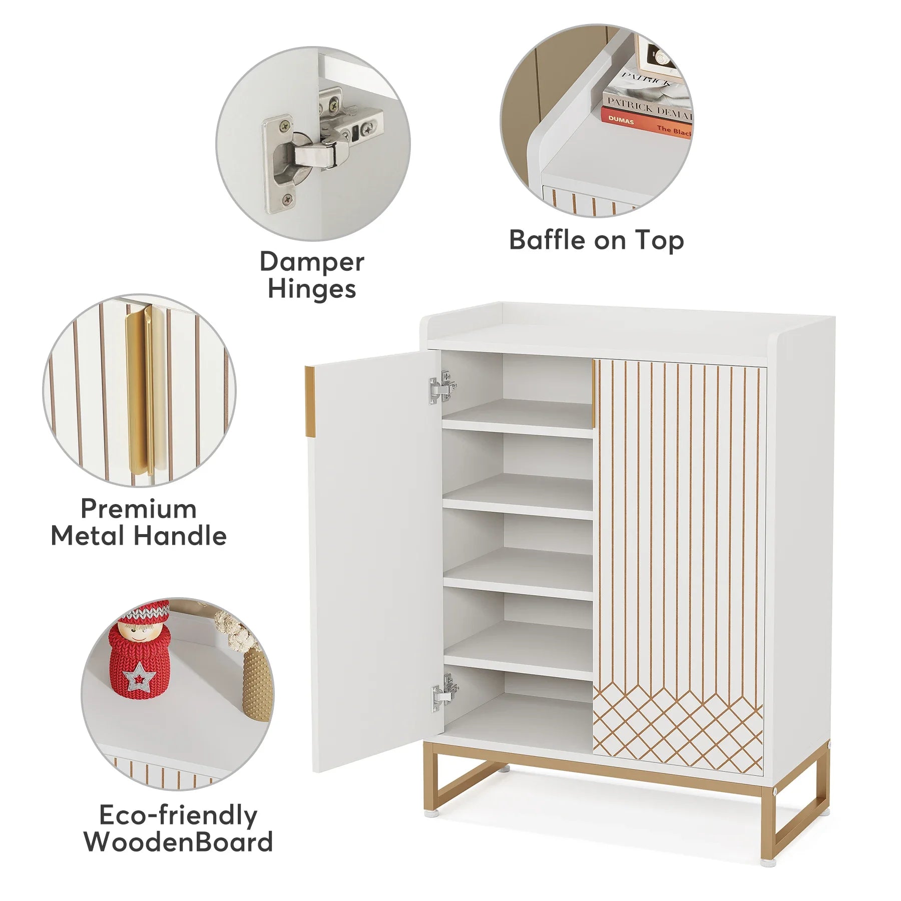 White cabinet with open door, showing shelves and details like damper hinges, baffle on top, premium metal handle, and eco-friendly wooden board.