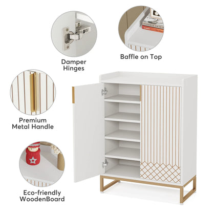 White cabinet with open door, showing shelves and details like damper hinges, baffle on top, premium metal handle, and eco-friendly wooden board.