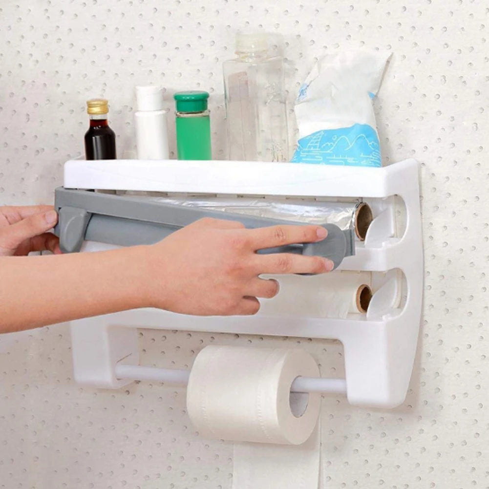 Wall-mounted storage rack with paper towels and other items on a pegboard.