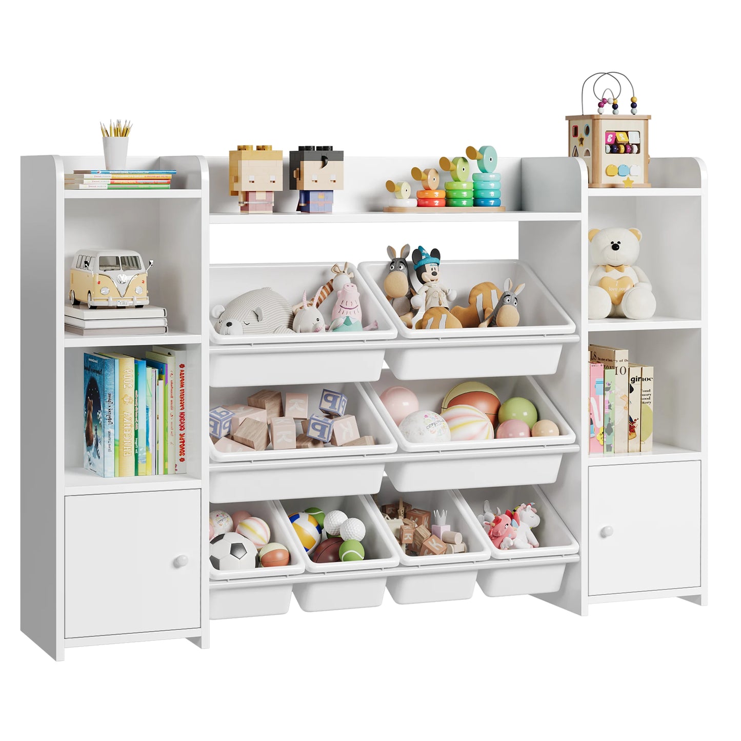 White children's toy storage unit with various toys and books on a white background