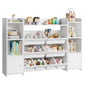 White children's toy storage unit with various toys and books on a white background