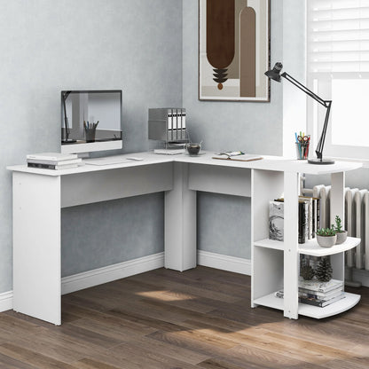 White L-shaped desk in a home office setting with books, a lamp, and decorative items.