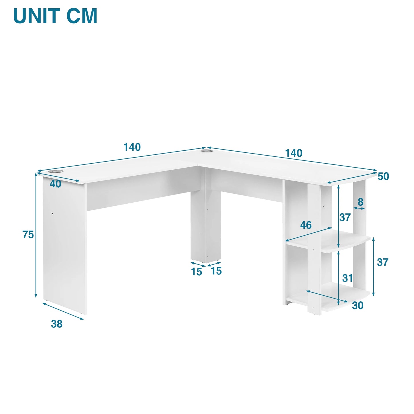 White L-shaped desk with dimensions marked in centimeters on a white background