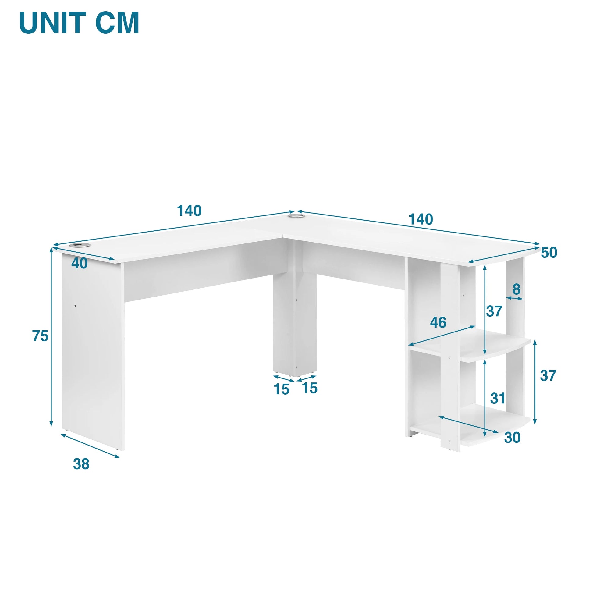 White L-shaped desk with dimensions marked in centimeters on a white background